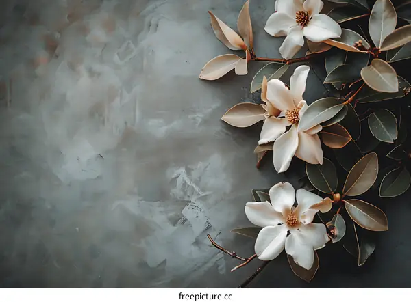White Magnolia Flowers on Grey Background