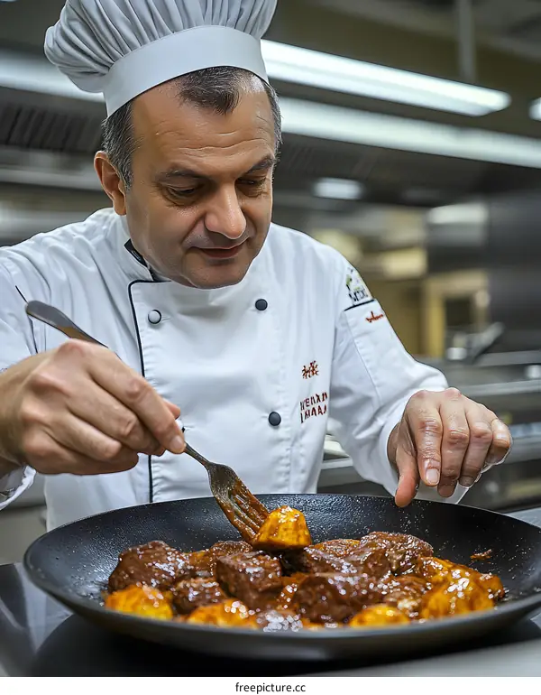 Chef in White Uniform Cooking Food in a Pan