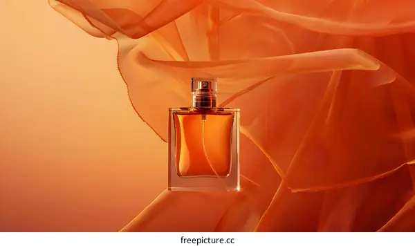 Orange Perfume Bottle on Fabric Background