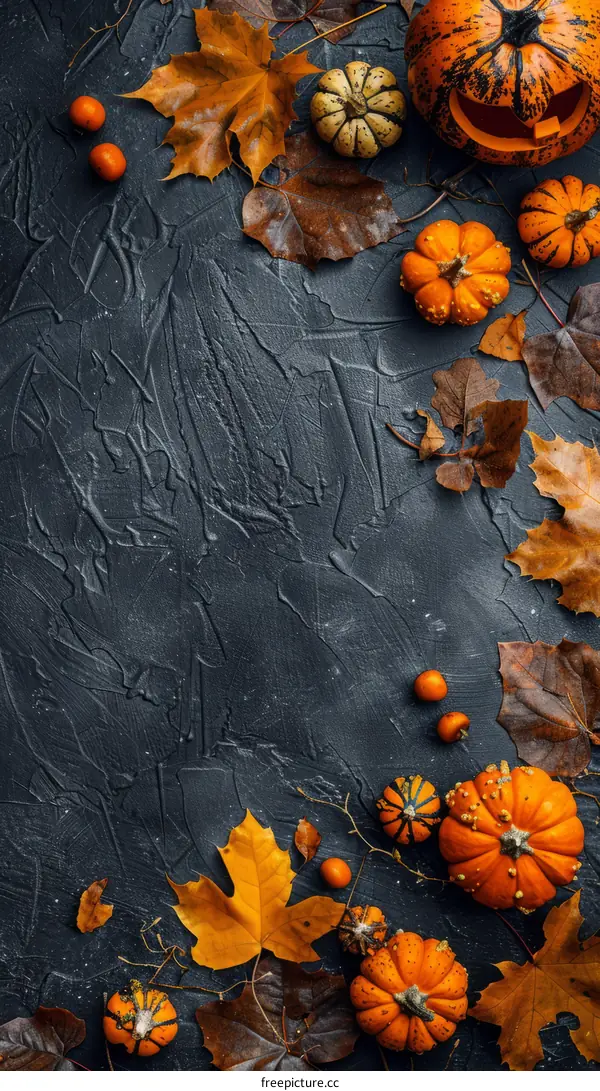 Tiny Pumpkins, Gourds, and Fall Foliage on Dark Slate