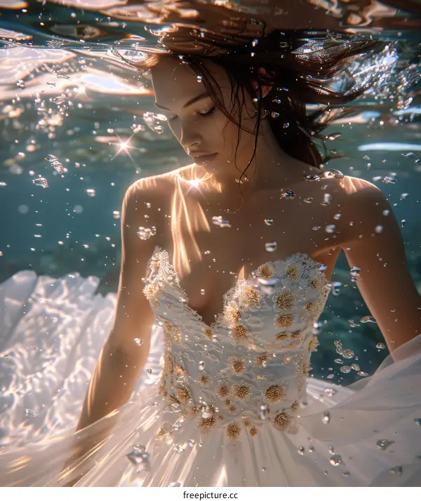 An underwater photo of a woman wearing a white and gold wedding dress