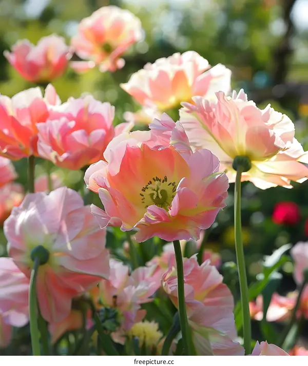 Pink and Yellow Tulips in a Garden