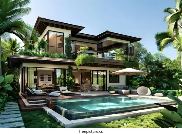 A modern tropical villa with a pool