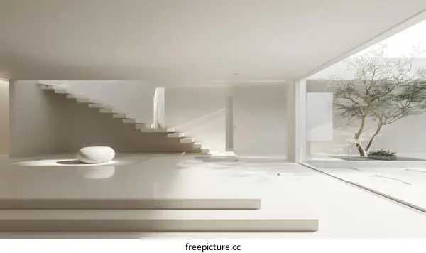 Modern White Minimalist Interior Design with a View of a Small Tree