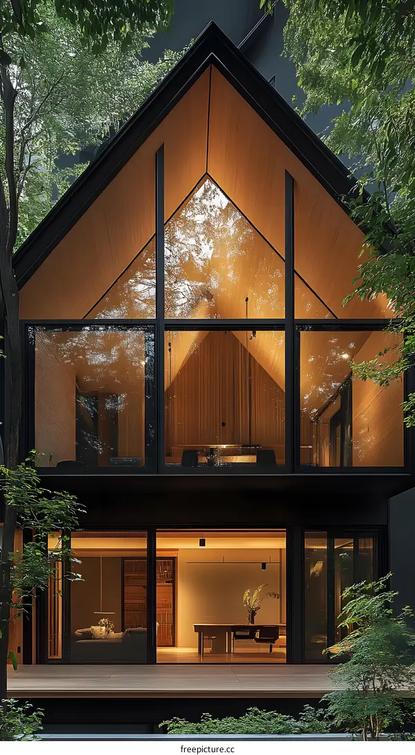 Modern Wooden Cabin with Large Windows Surrounded by Lush Greenery