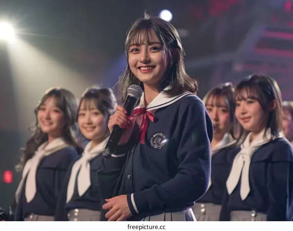 Japanese girl group AKB48 Team 8 member Okabe Rin speaking into a microphone