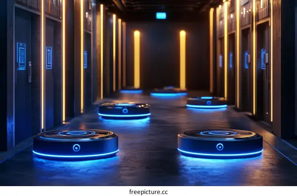 Futuristic Corridor with Robotic Cleaning Units