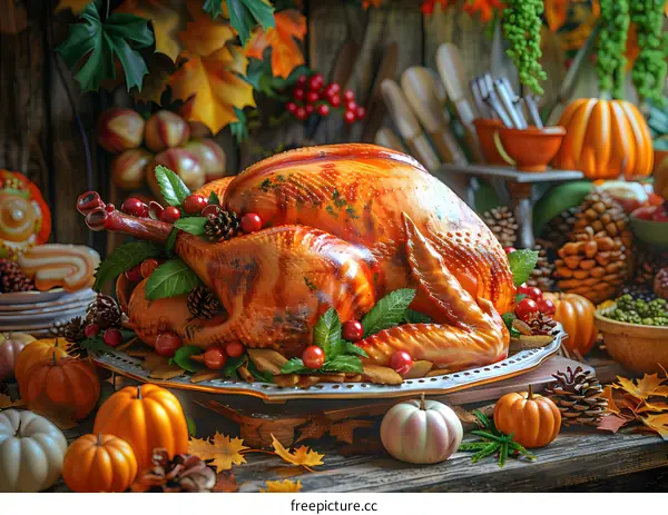 Thanksgiving dinner table with roasted turkey, pumpkins, and autumn leaves