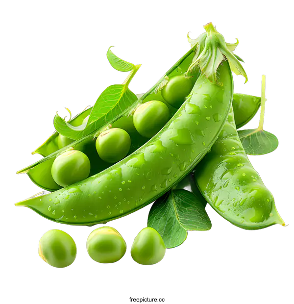 [Transparent Background PNG]Fresh green peas in pods with leaves