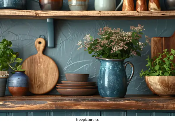 Kitchen Shelf Decor With Flowers In Blue Vase