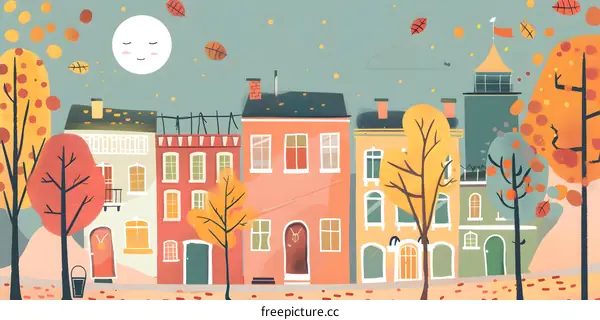 Autumn Illustration of a Town With Falling Leaves