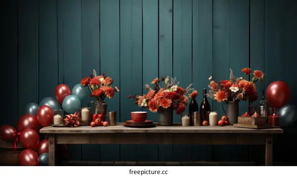 Red and orange flowers in vases on a wooden table with blue and red balloons and candles