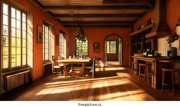 Wooden Kitchen Interior Design with Large Windows