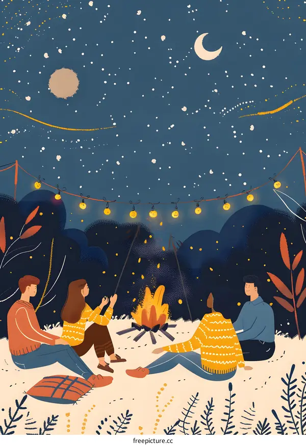 Friends Around Campfire Under Night Sky Illustration