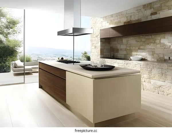 Modern Kitchen Design With Stone Wall And Island Countertop