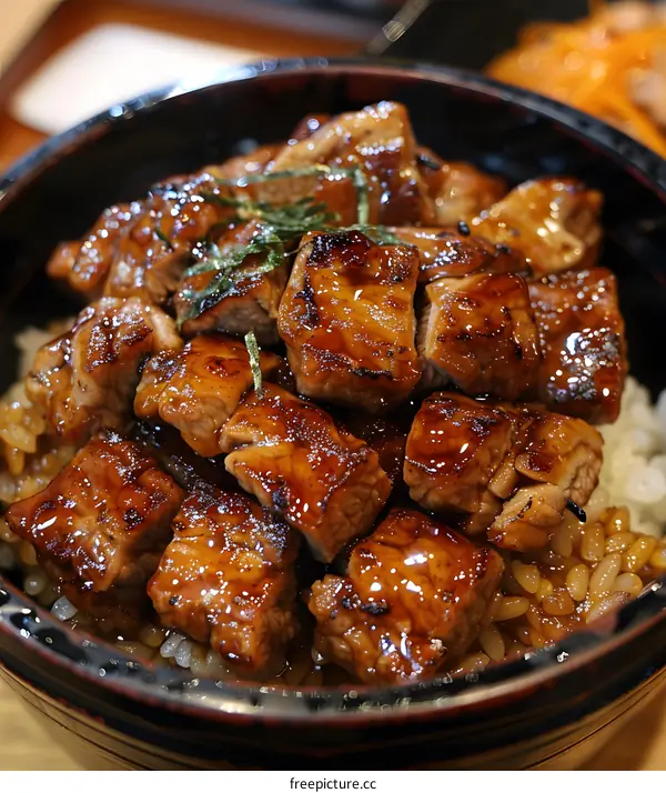 A bowl of diced beef on rice with a sweet soy sauce glaze