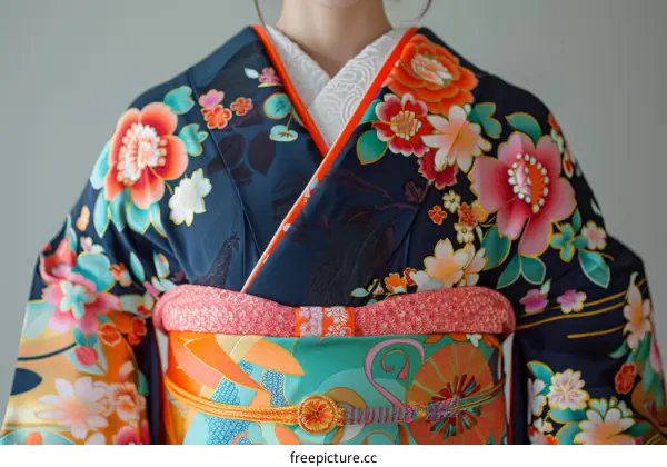A woman wearing a kimono with a floral pattern