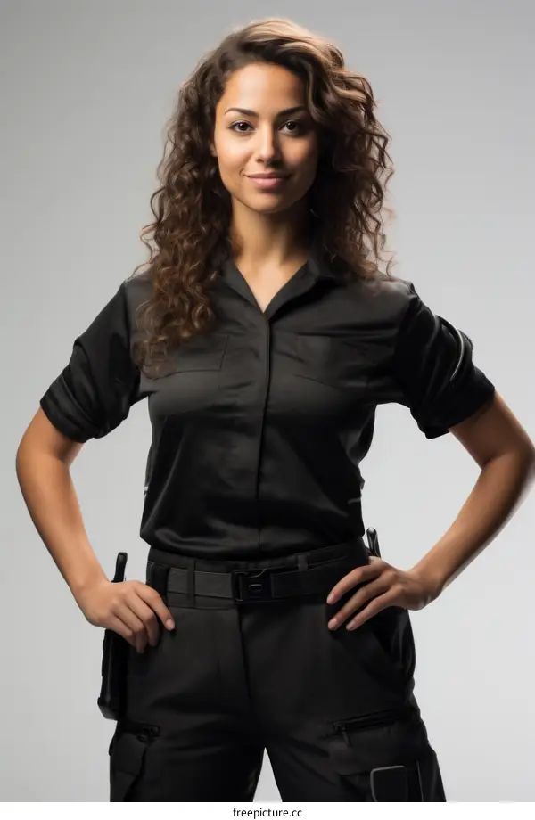 curly hair woman in black uniform