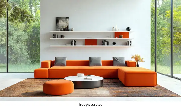 Modern Living Room with Orange Sofa