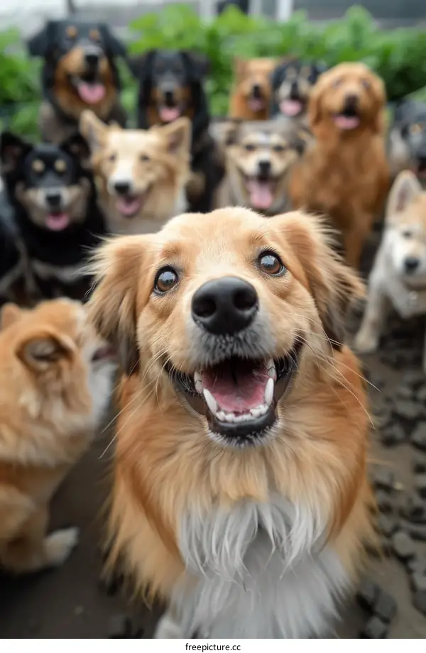 A group of dogs of different breeds are looking at the camera and smiling