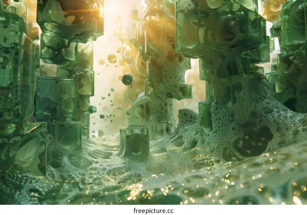 Abstract Organic Structures and Green Crystals in Cube Form