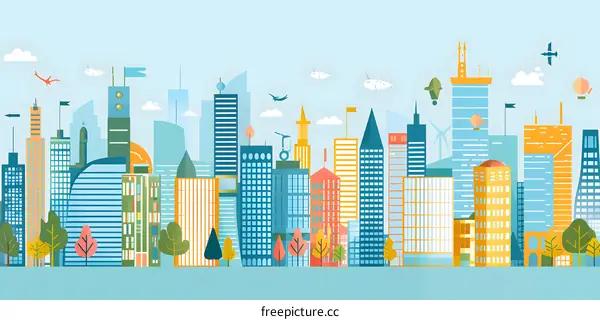 Modern City Skyline Illustration With Buildings And Aircraft