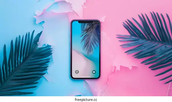 Smartphone With Palm Leaf On Pink And Blue Background