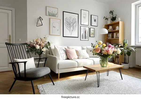 Modern Scandinavian Living Room with Floral Decor