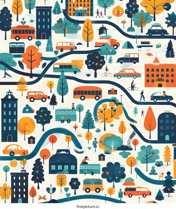 Cityscape Illustration with Buildings, Trees, and Vehicles