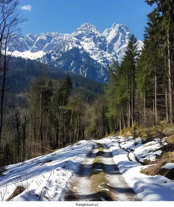 Snowy Path Leading to Mountain Peaks