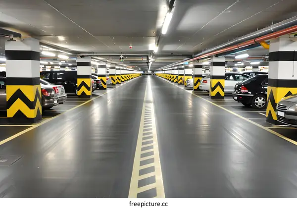 Empty Underground Parking Garage with Black and Yellow Striped Columns