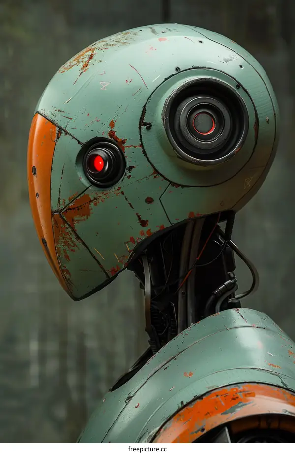 A close up of a green and orange robot head