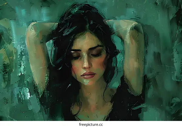 portrait of a beautiful woman with long dark hair and green eyes