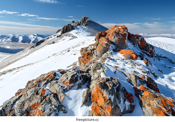 Snow Covered Mountains with Orange Rocks