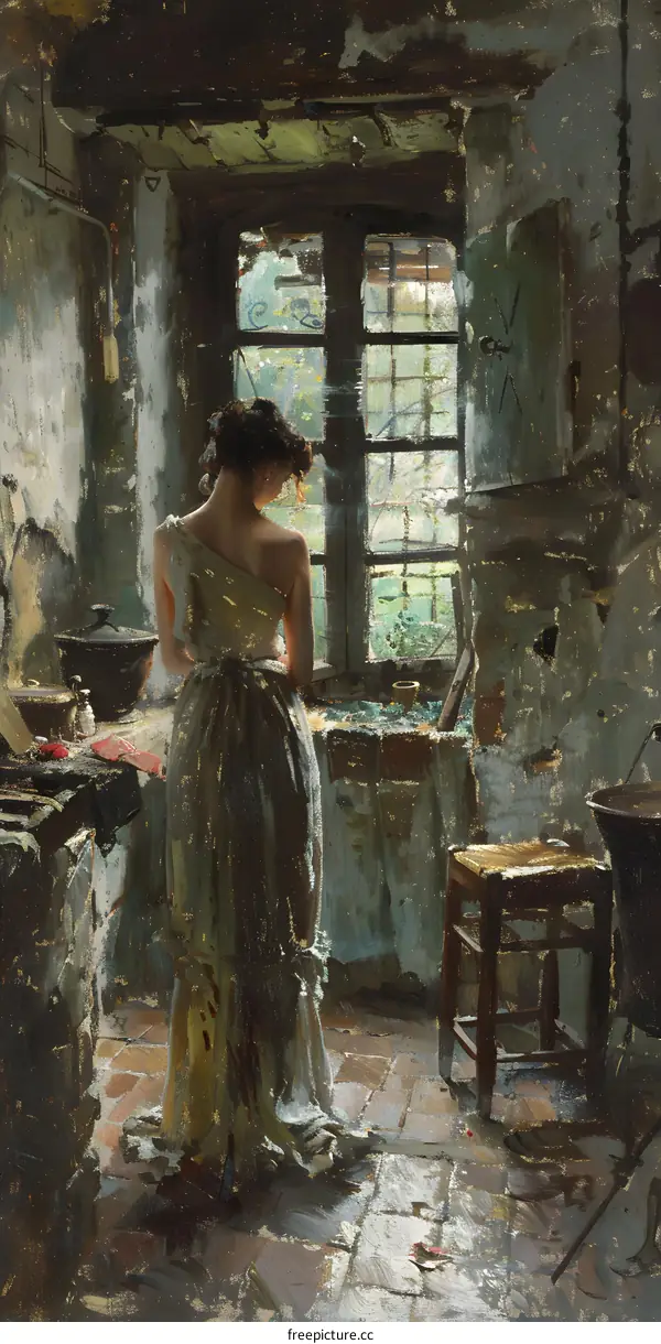 A Woman Standing By The Window Looking Out In A Room