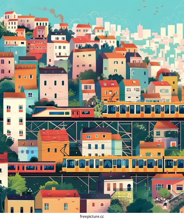 Colorful Cityscape With Train Illustration