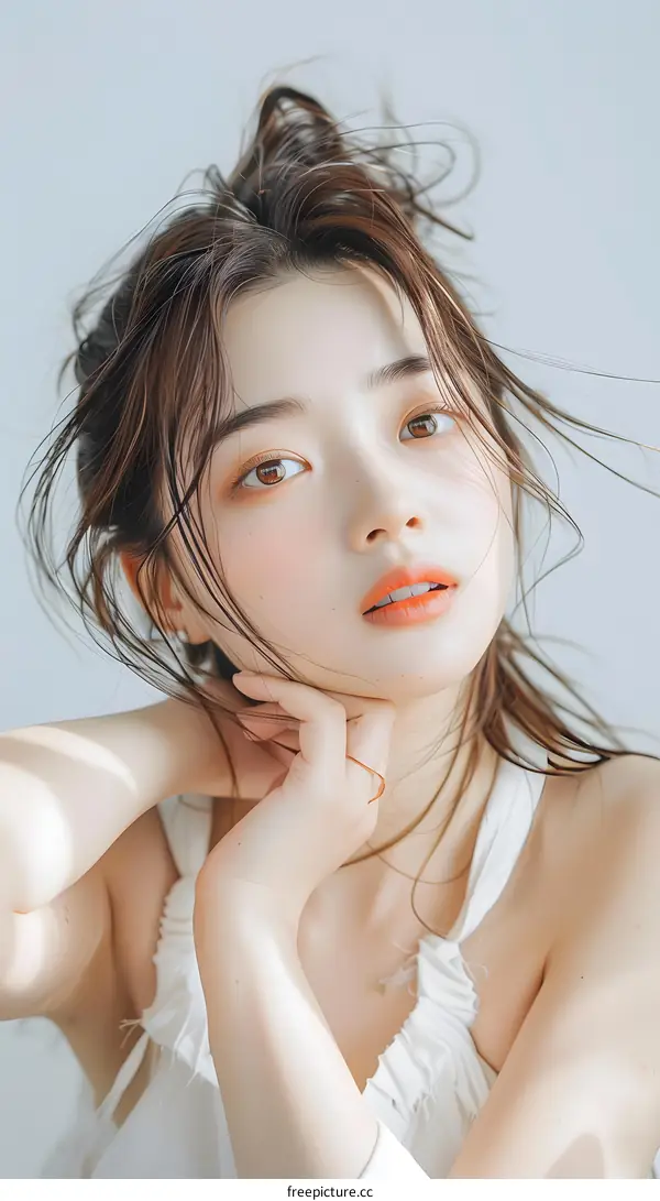 Beautiful Asian Woman with Long Hair in a White Tank Top