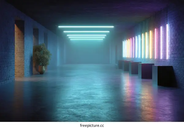 Neon Glowing Corridor with Concrete Walls