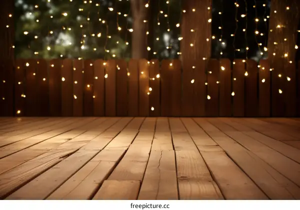 Wooden deck in the backyard, relaxing at summer night with blurry lights and trees