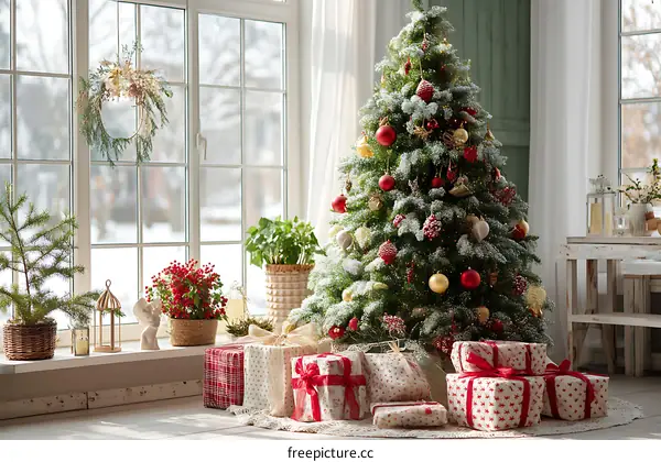 Christmas Tree with Gifts and Decorations near Window