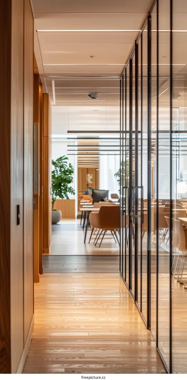 Office glass wall and wooden door in a modern office
