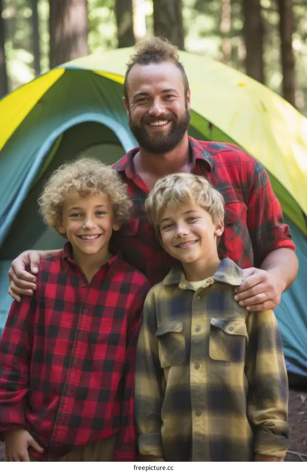 Happy family camping together in the woods