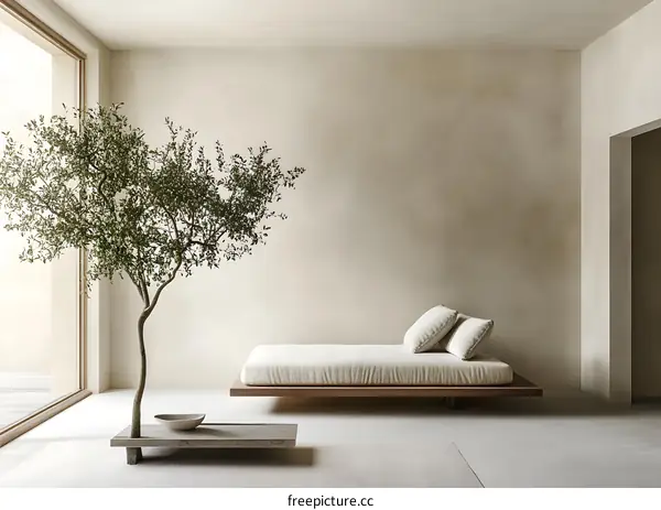 Minimalist Living Room Interior Design With Olive Tree and White Sofa