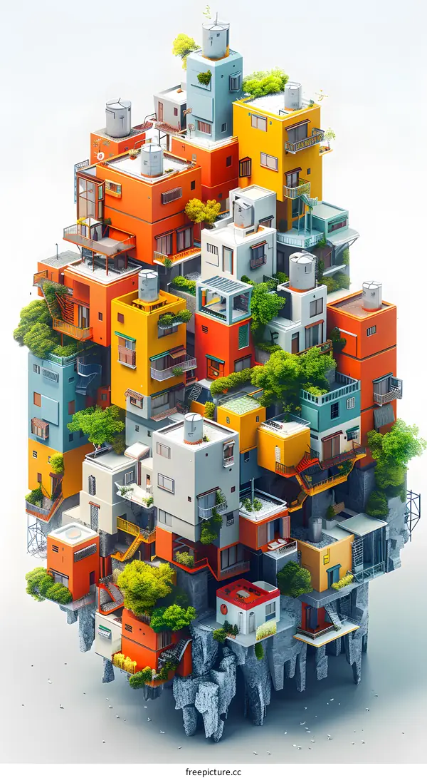 A 3D illustration of a densely populated city with colorful buildings and lush greenery