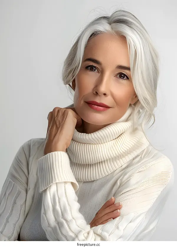 Portrait of a Beautiful Senior Woman with Grey Hair in a White Sweater