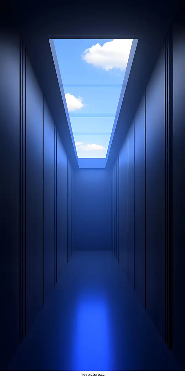 Blue Skylight in Narrow Hallway Interior Design