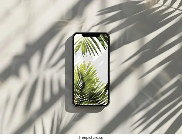 Smartphone with Palm Leaf Background on White Background