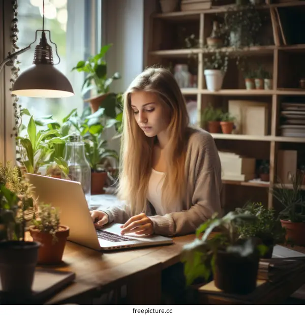 Young woman working on laptop in home office surrounded by plants