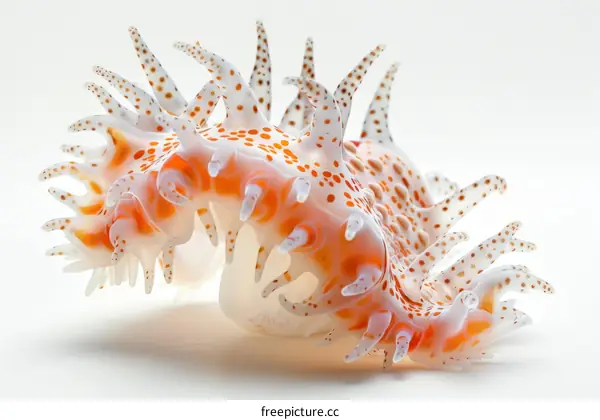 A translucent orange-white sea slug with brown spots
