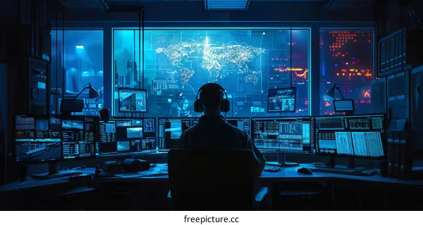 A hacker in a dark room surrounded by computers and screens